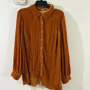 Coldwater Creek Mustard Yellow Silk Blend Velvet Top Blouse Ruched Back Sz 2X